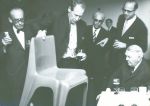 Philip Rosenthal presents a Bofinger chair, the winner of the Rosenthal Studio Award 1966, to the former FRG chancellor Ludwig Erhard and Walter Gropius, © Rosenthal GmbH and Historical Photo Archive of the German Design Council, Frankfurt am Main
