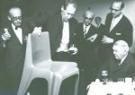 Philip Rosenthal presents a Bofinger chair, the winner of the Rosenthal Studio Award 1966, to the former FRG chancellor Ludwig Erhard and Walter Gropius, © Rosenthal GmbH and Historical Photo Archive of the German Design Council, Frankfurt am Main